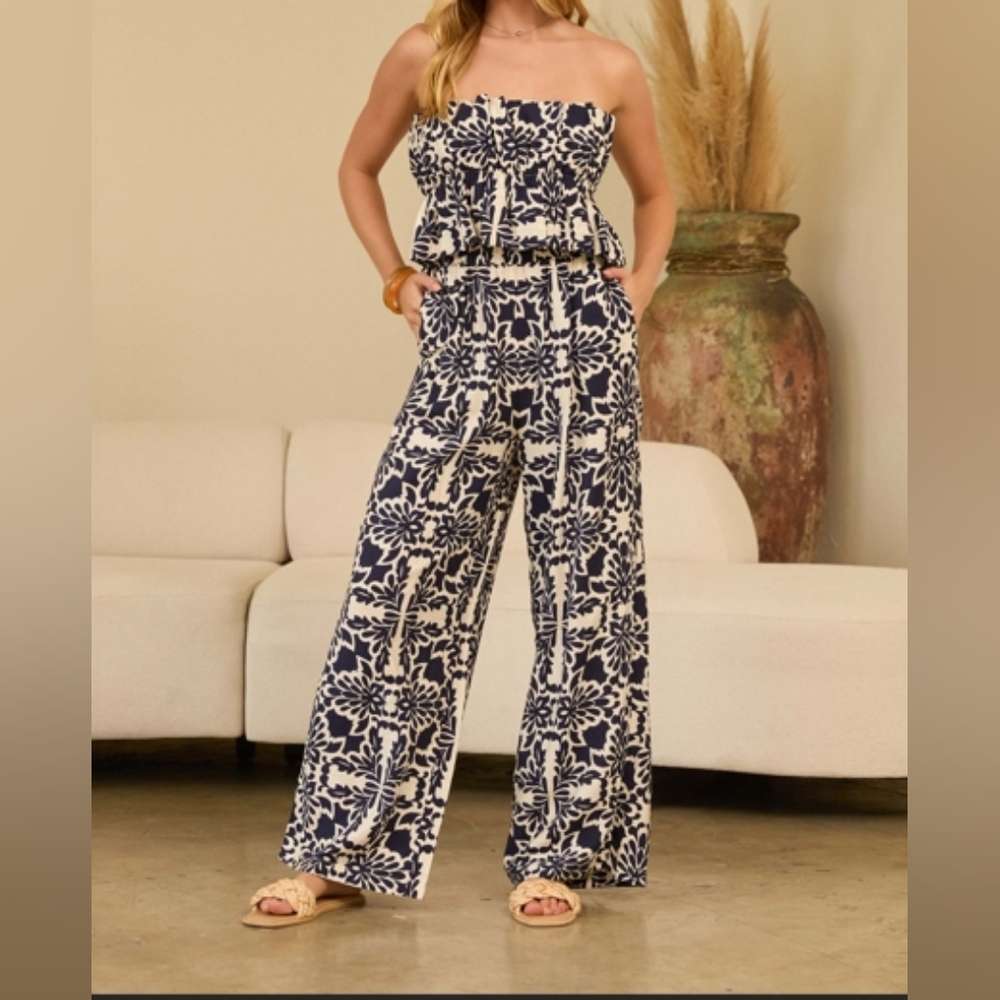 Skies Are Blue Navy and Cream Floral Strapless Wide-Leg Jumpsuit
